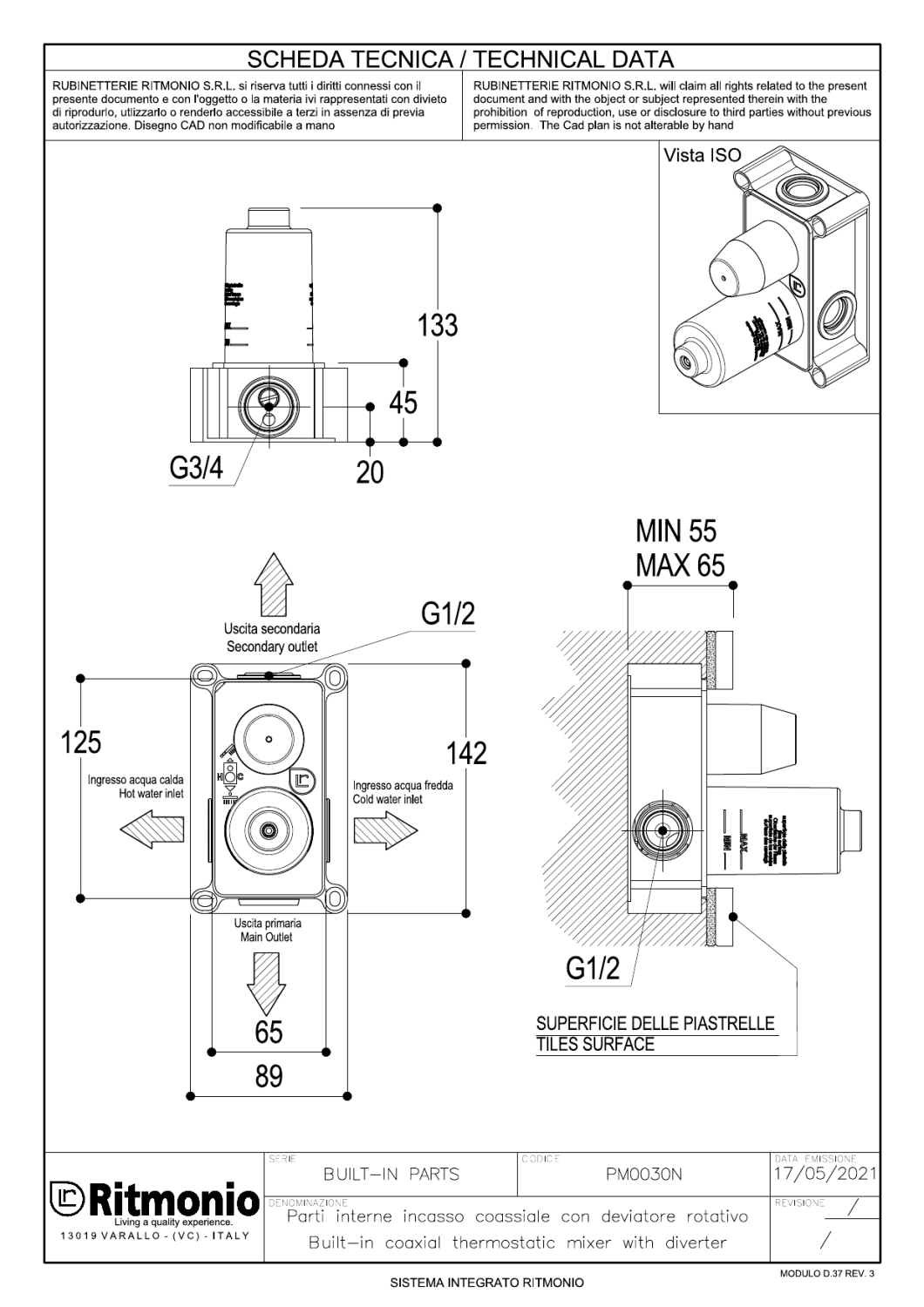 Ritmonio Внутренняя часть для термостатического смесителя на 2 потребителя PM0030NCRL