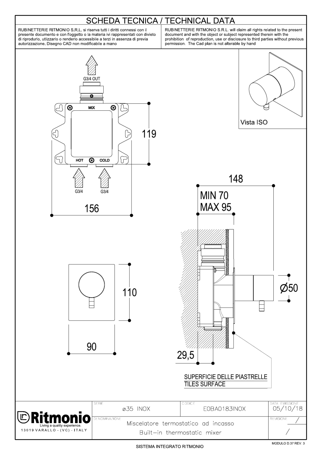 Ritmonio Diametro35 Inox Смеситель для душа встр. терм., внеш. часть, цвет: brushed stainless steel E0BA0183EINOX