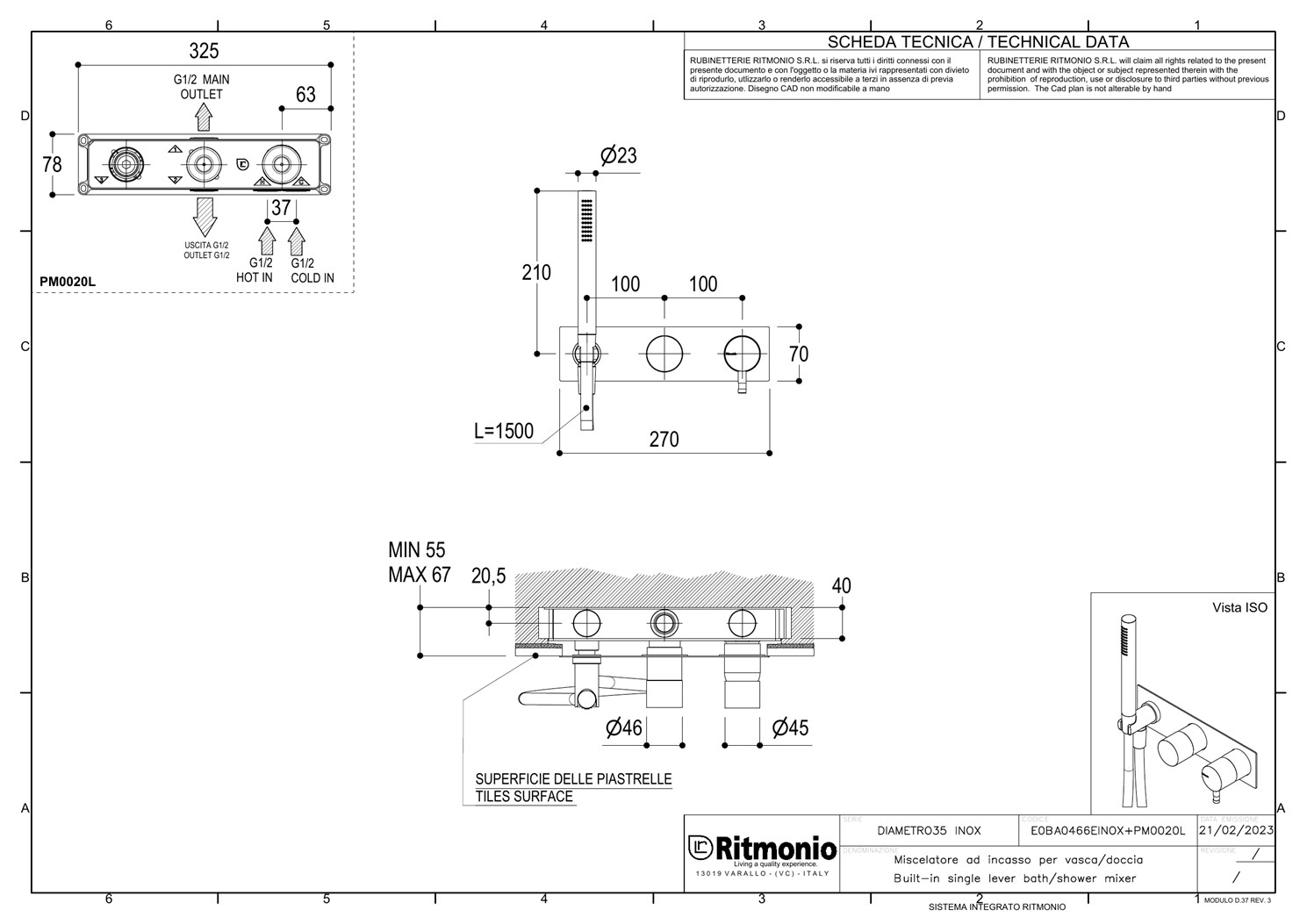 Ritmonio Diametro35 Inox Смеситель для душа встраиваемый, внеш. часть, цвет: brushed stainless steel E0BA0466EINOX