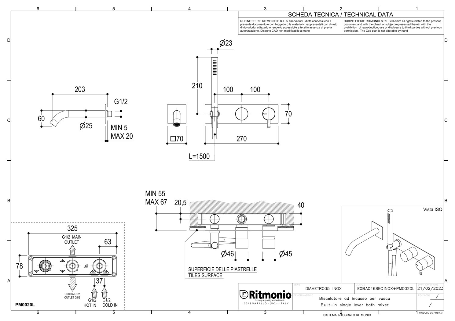 Ritmonio Diametro35 Inox Смеситель для душа встраиваемый, на 3 потреб., цвет:brushed stainless steel E0BA0468ECINOX