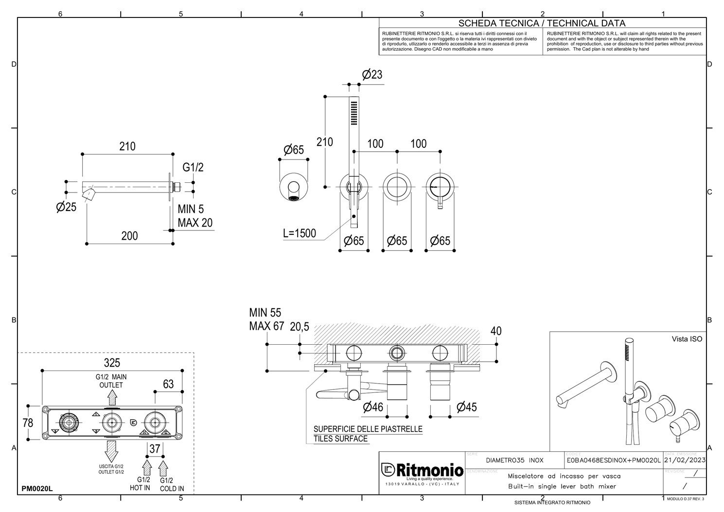 Ritmonio Diametro35 Inox Смеситель для душа встраиваемый, на 3 потреб., цвет:brushed stainless steel E0BA0468ESDINOX