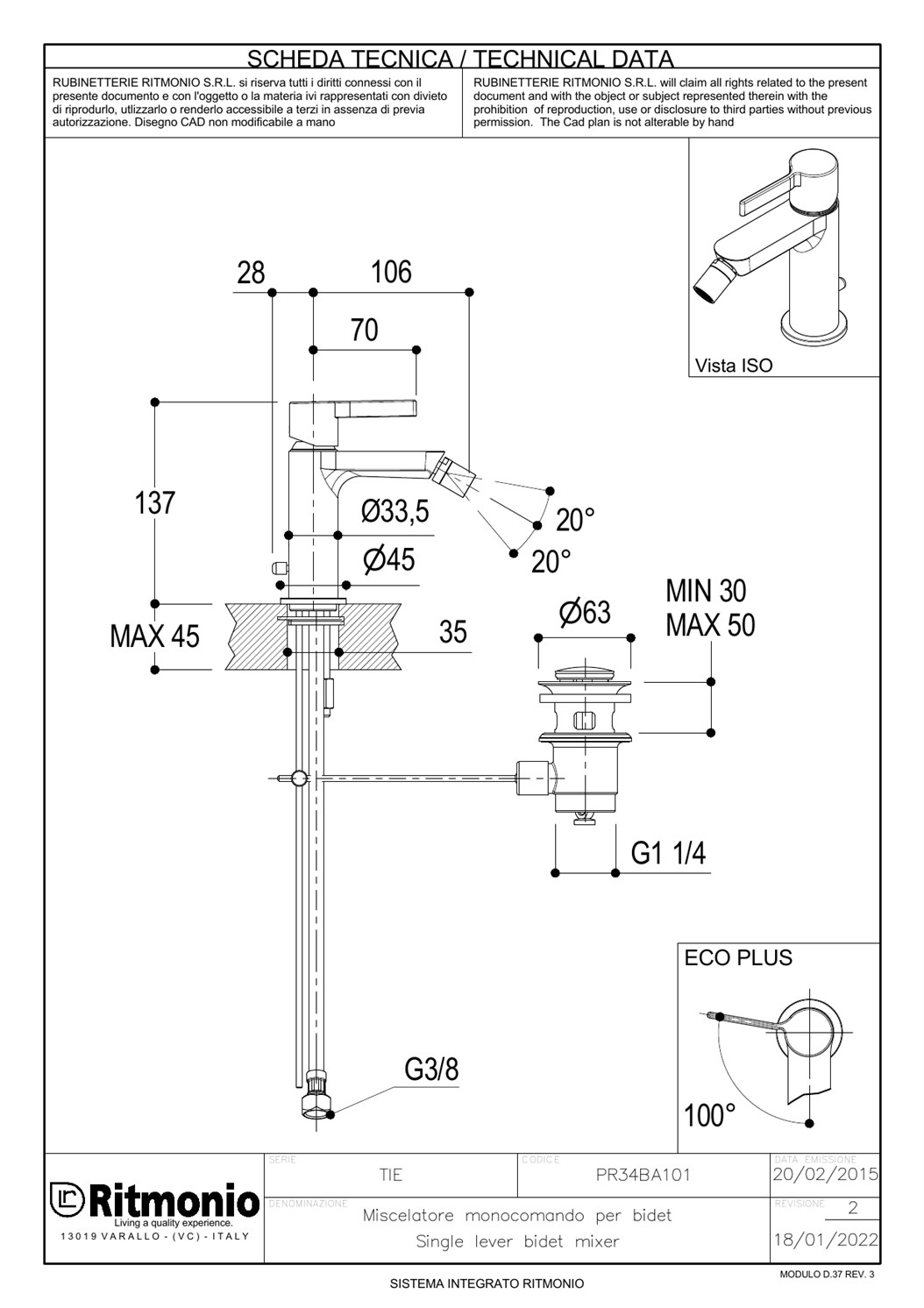 Ritmonio Tie Смеситель для биде, с донным клапаном, длина излива 10,6 см, цвет: chrome PR34BA101CRL