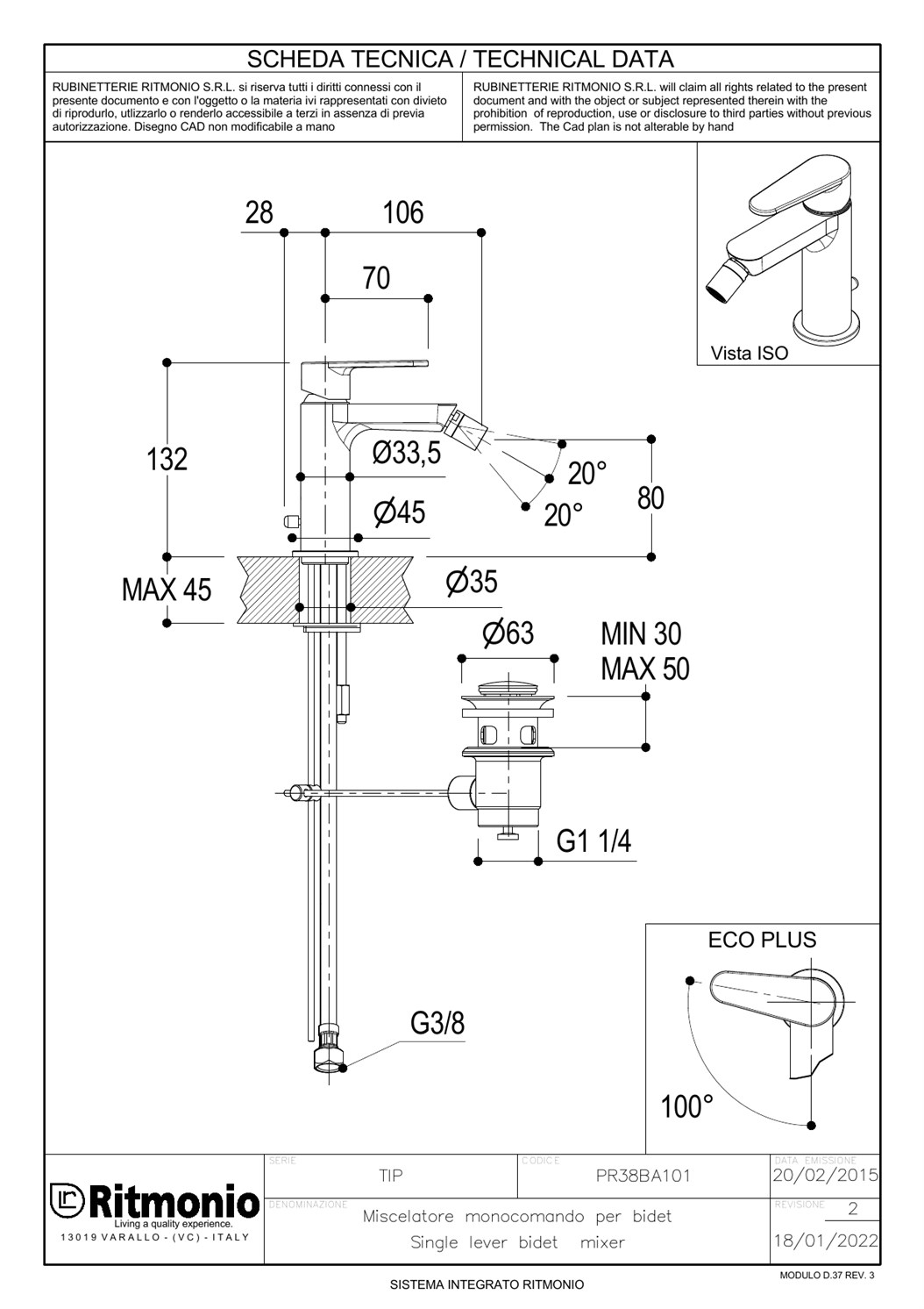 Ritmonio Tip Смеситель для биде, с донным клапаном, длина излива 10,6 см, цвет: chrome PR38BA101CRL