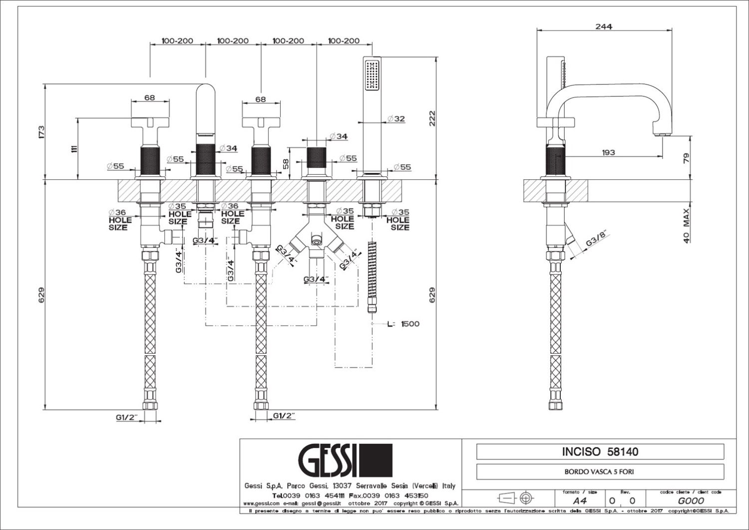 Gessi Inciso Смеситель на борт ванны на 5 отв., с руч. душем, излив 19,3 см, цвет: brushed brass PVD 58140#727