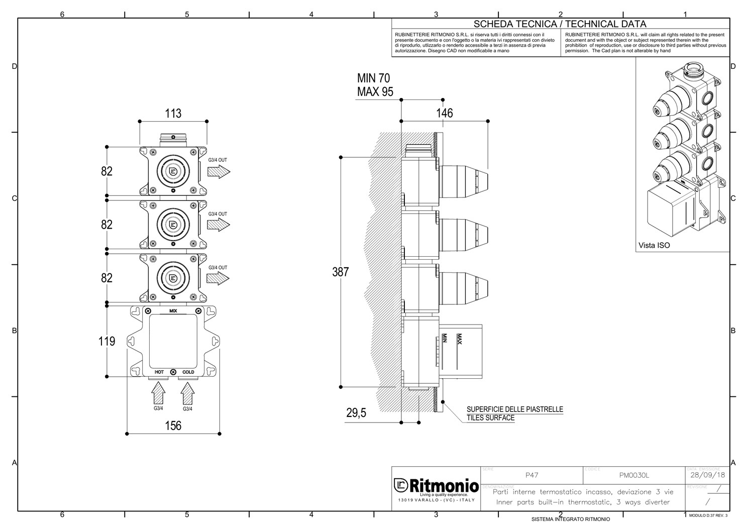 Ritmonio Внутренняя часть для смесителя на 3 потребителя PM0030L