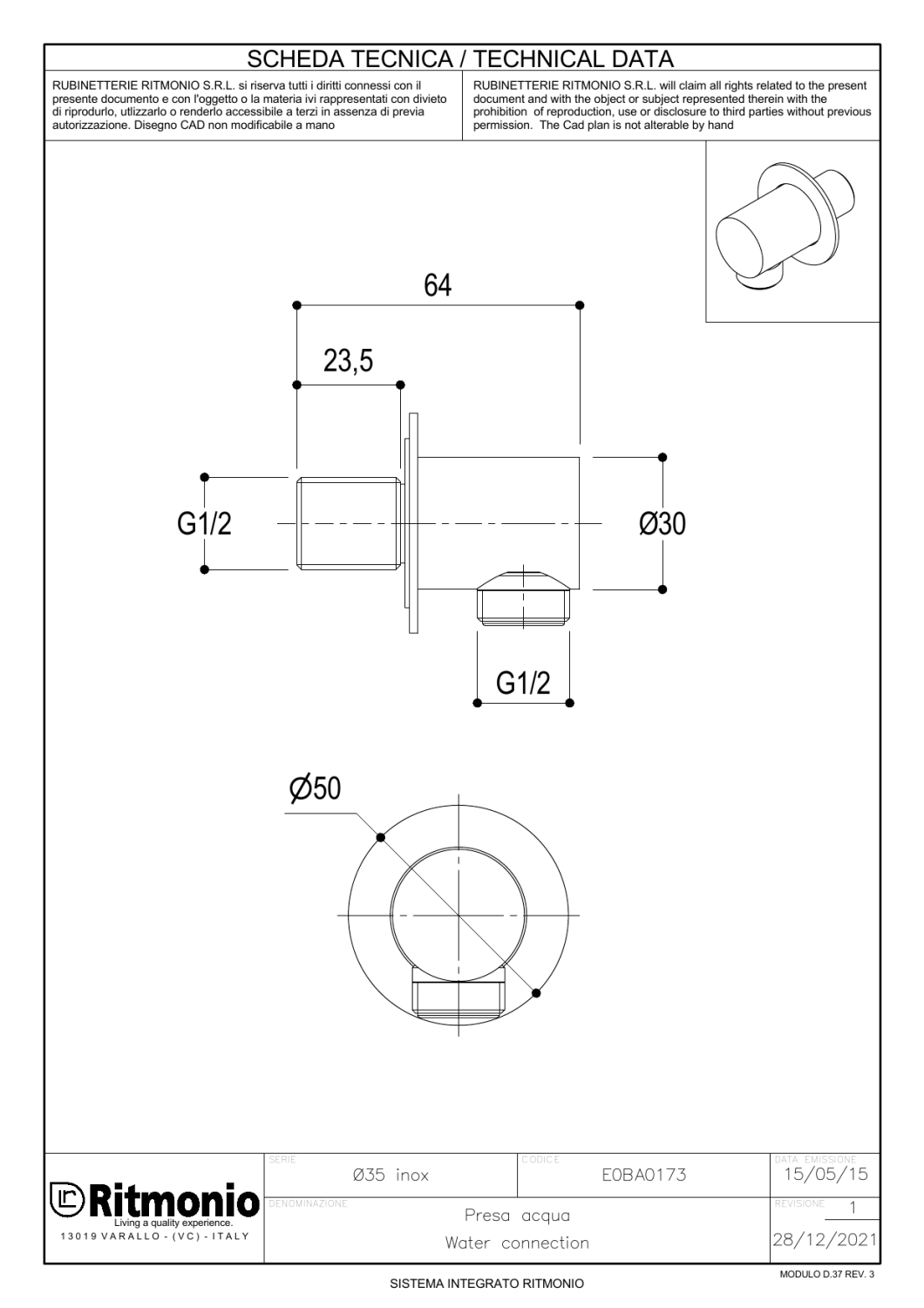 Ritmonio Шланговое подключение, цвет: brushed stainless steel E0BA0173INOX