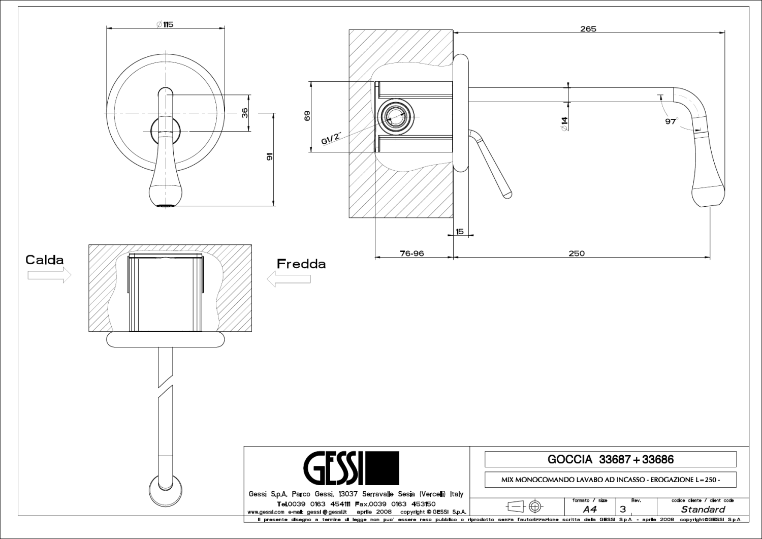 Gessi Goccia Смеситель для раковины встраив., внеш. час., излив 25 см, цвет: warm bronze brushed PVD 33686#726