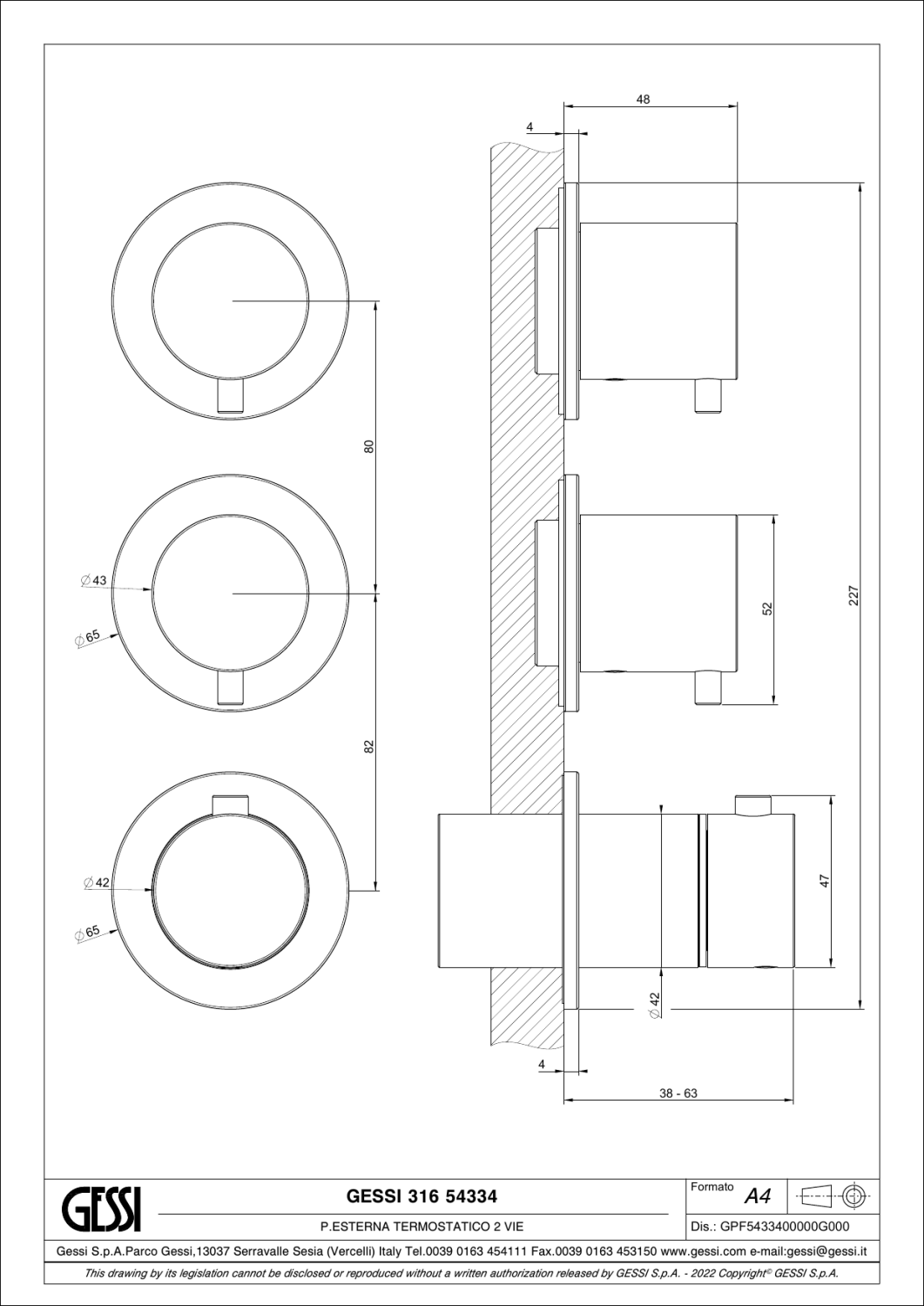 Gessi 316 Термостат для душа встраиваемый, на 2 потр., внешняя часть, цвет: warm bronze brushed PVD 54334#726