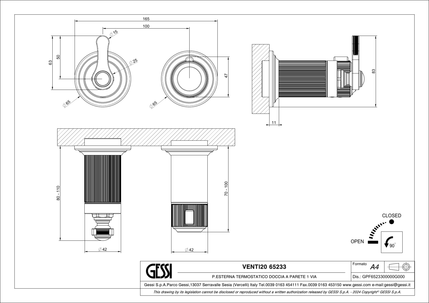 Gessi Venti20 Термостат для душа встраиваемый, на 1 потребитель, внешняя часть, цвет: nickel PVD 65233#720