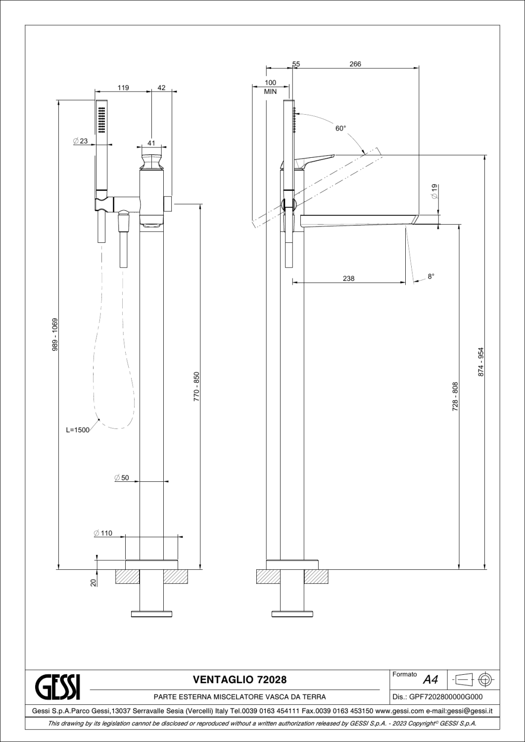 Gessi Ventaglio Смеситель для ванны напольный, с душевым гарн., излив 23,8 см, цвет: deep bronze PVD 72028#791