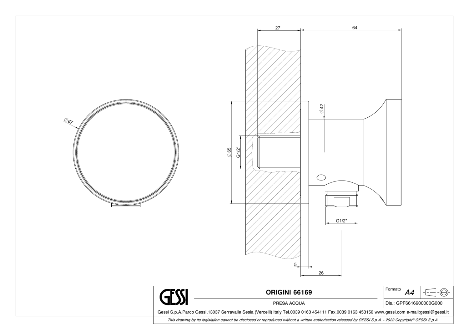 Gessi Origini Шланговое подключение, цвет: copper brushed PVD 66169#708