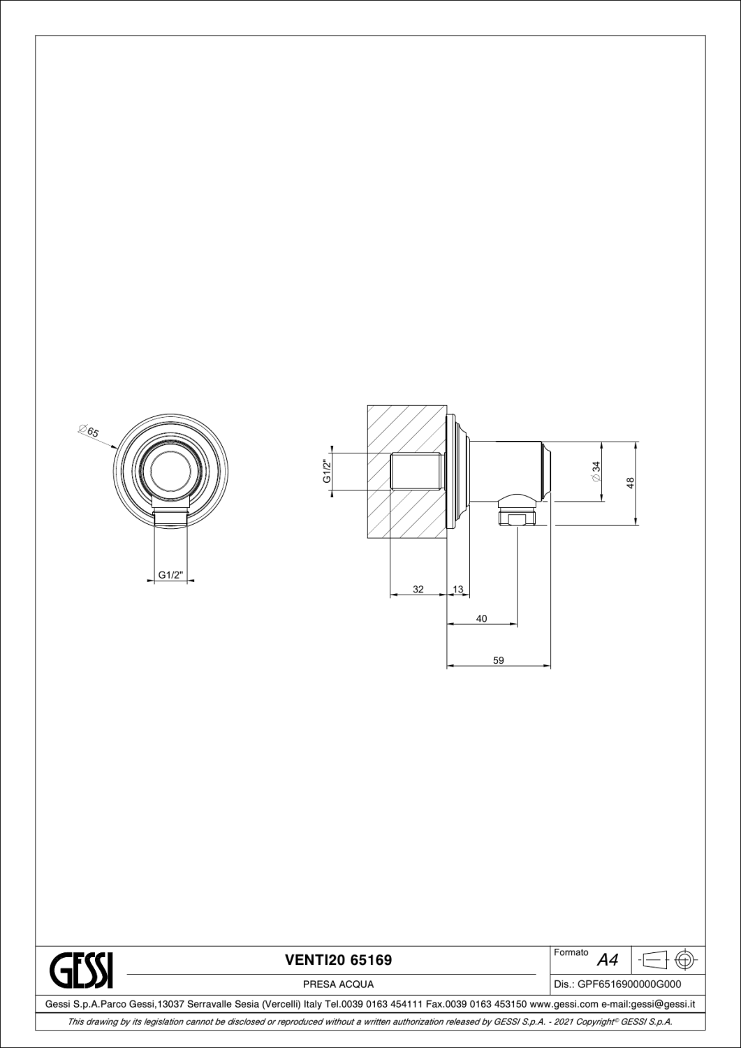 Gessi Venti20 Шланговое подключение, цвет: brushed brass PVD 65169#727