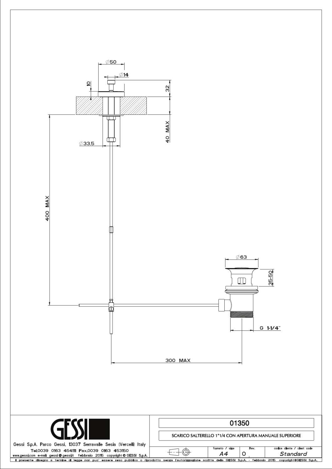 Gessi Донный клапан автоматический, с переливом, цвет: copper PVD 01350#030