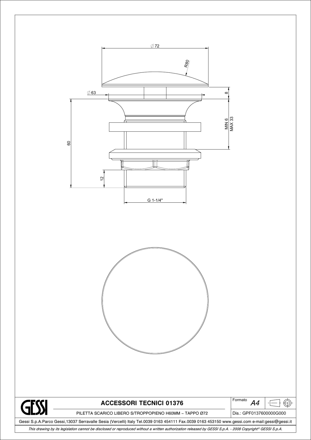 Gessi Донный клапан свободного слива, без перелива, цвет: gold PVD 01376#246