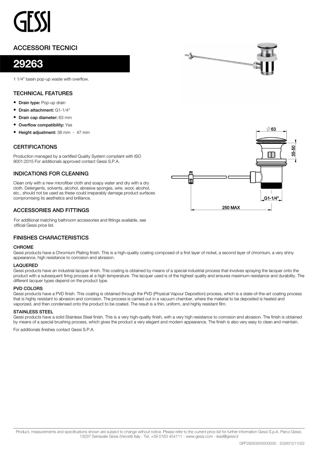 Gessi Донный клапан автоматический, с переливом, цвет: matte agave 29263#276
