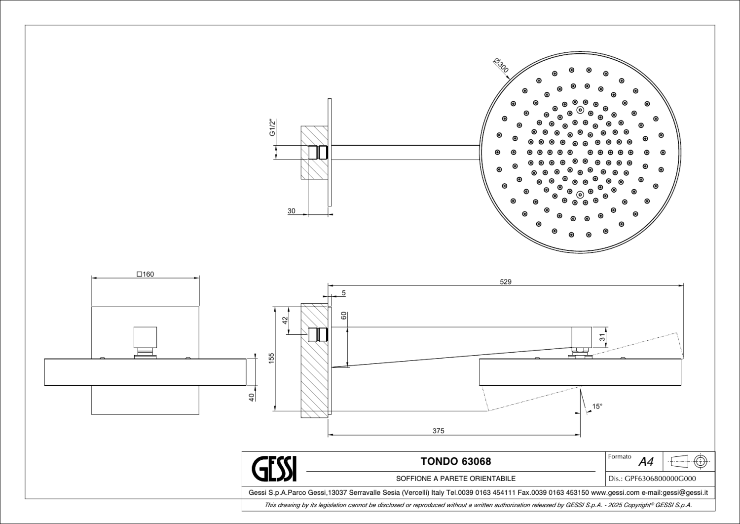 Gessi Inverso Верхний душ d30 см, настенный кронштейн, 1 вид струи, цвет: coffee bronze brushed PVD 63068#761