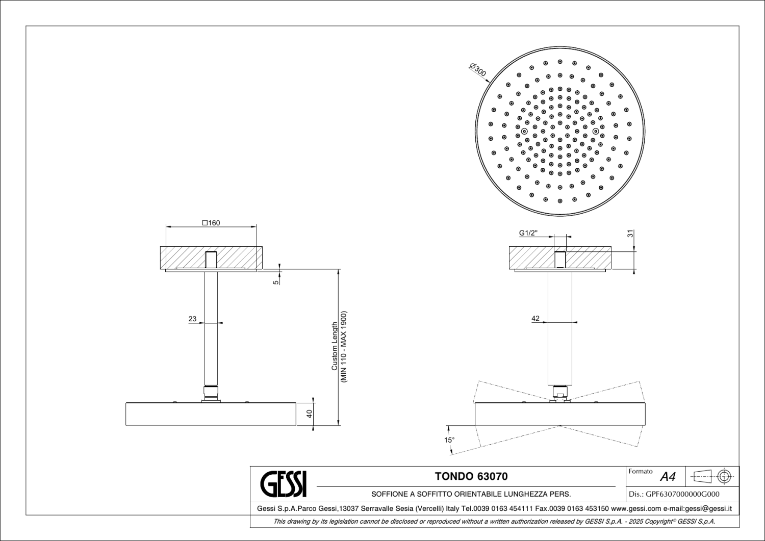 Gessi Inverso Верхний душ d30 см, высота под заказ, 1 вид струи, цвет: deep bronze brushed PVD 63070#791