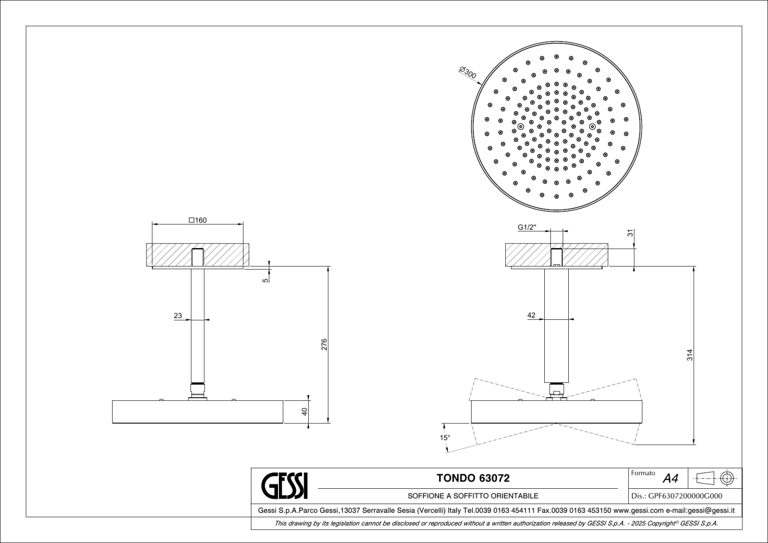 Gessi Inverso Верхний душ d30 см, потолочный кронштейн, 1 вид струи, цвет: deep bronze brushed PVD 63072#791