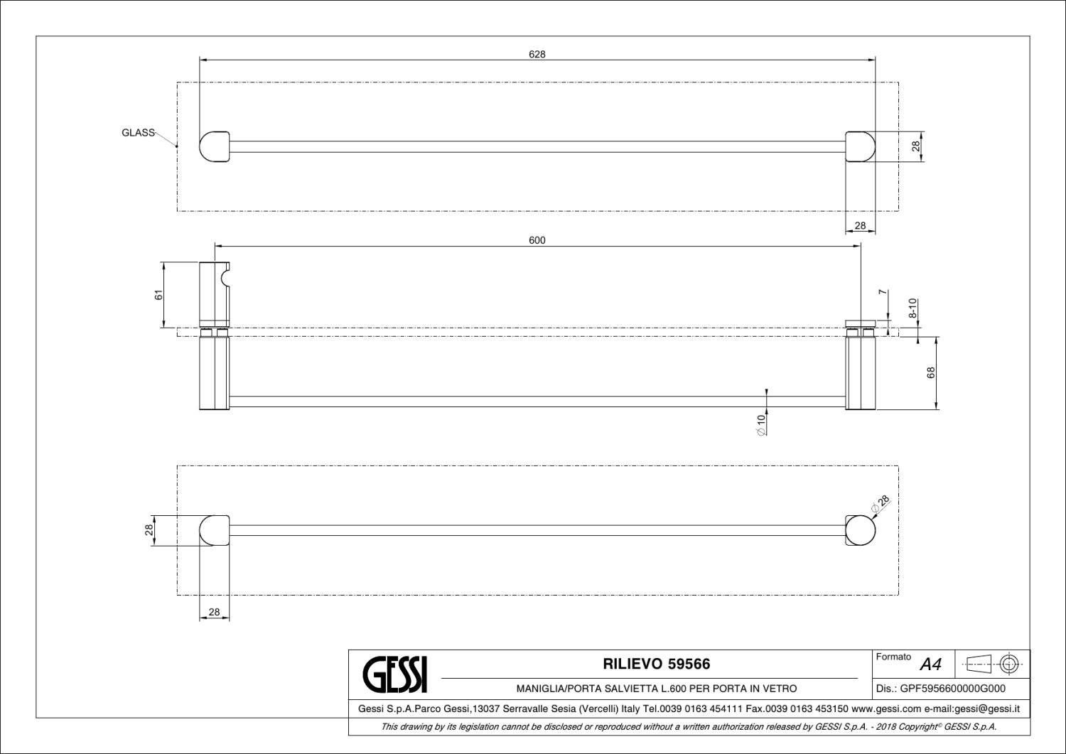 Gessi Rilievo Полотенцедержатель для крепления на стекло 62,8 см, цвет: black metal brushed PVD 59566#707