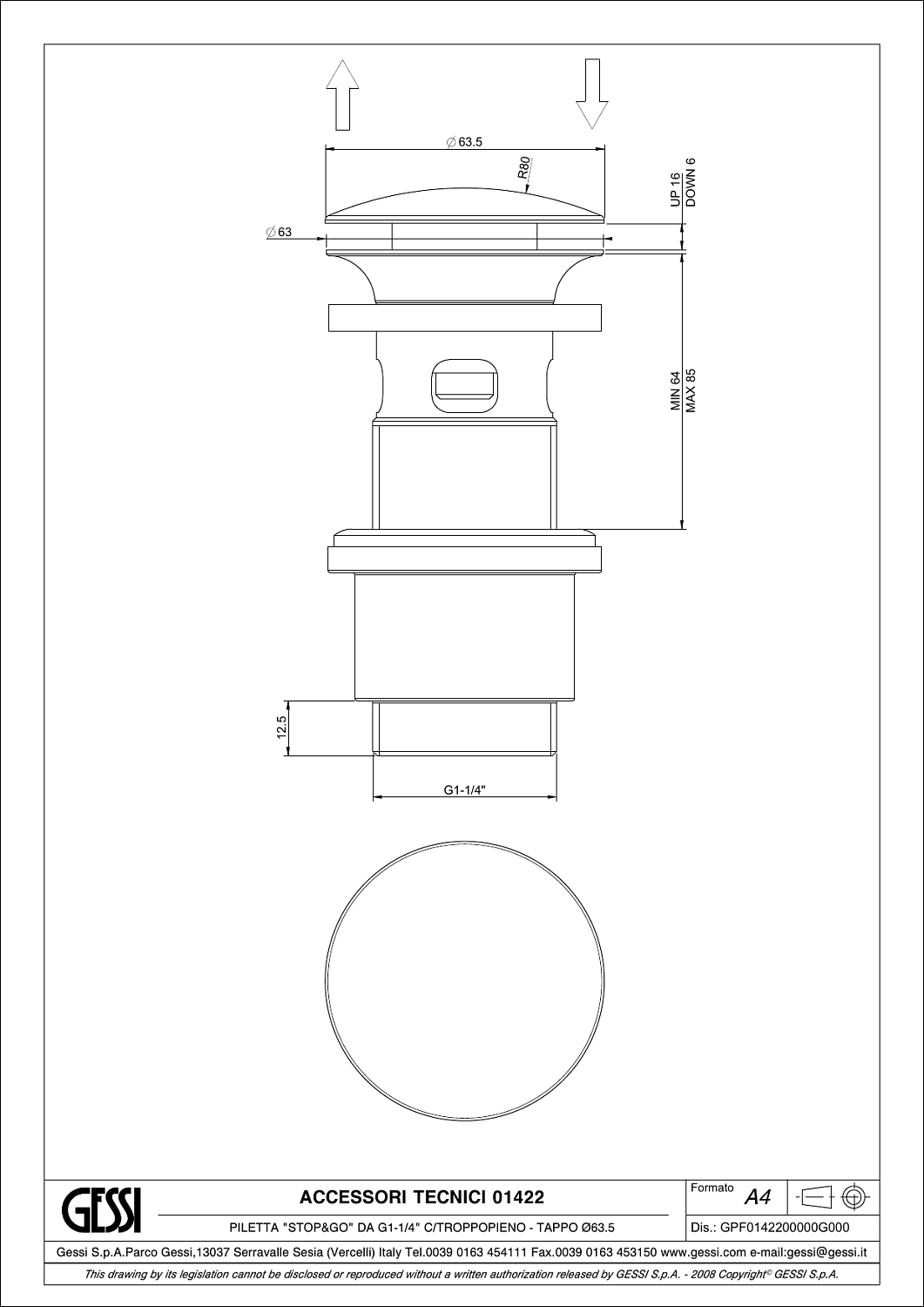 Gessi Донный клапан с переливом “Stop&Go”, цвет: gold brushed 01422#716