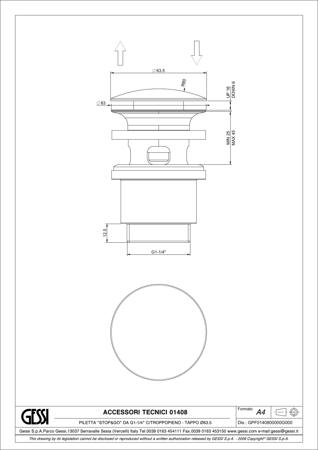 Gessi Донный клапан без перелива “Stop&Go”, цвет: gold brushed 01408#716