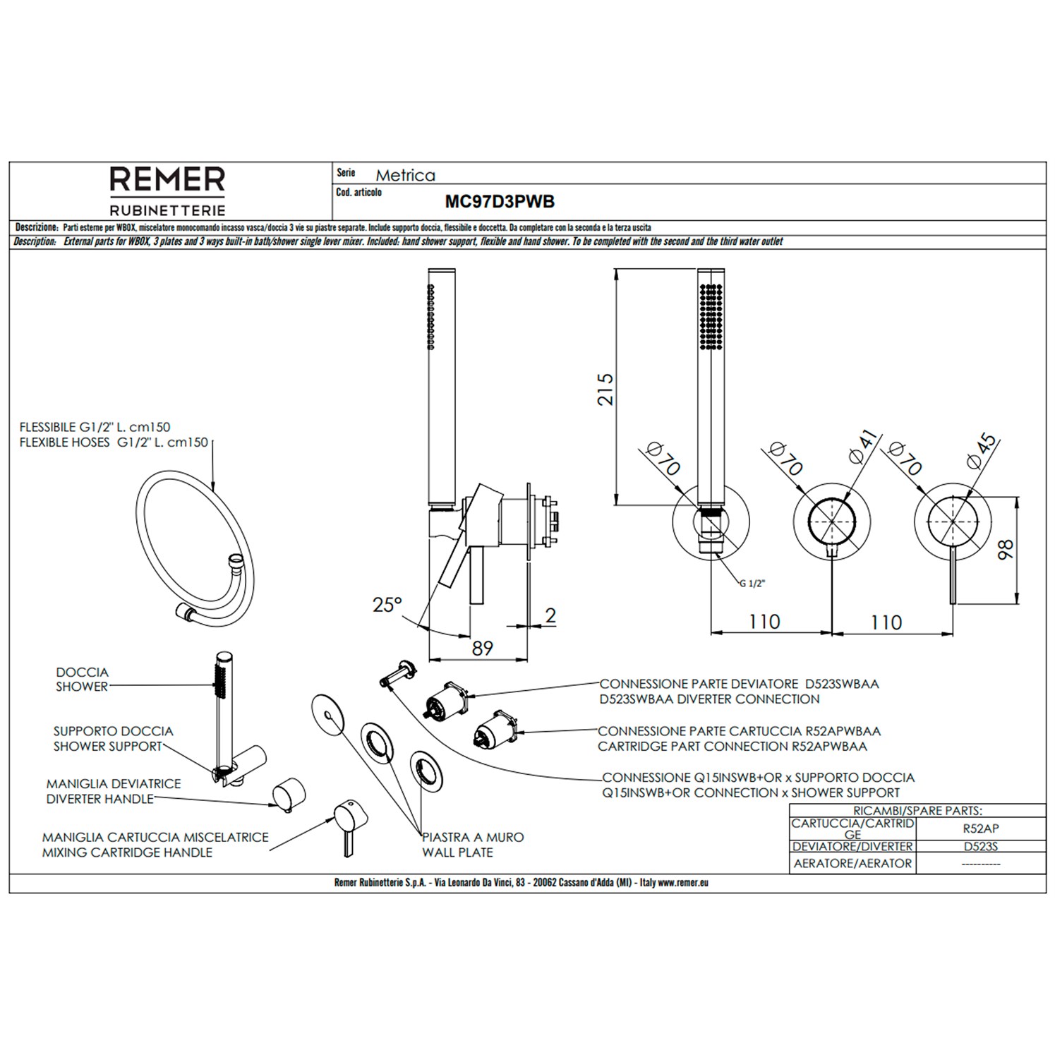 Remer Metrica Смеситель для душа встраиваемый, 3 потребителя, цвет: cromo MC97D3PWB