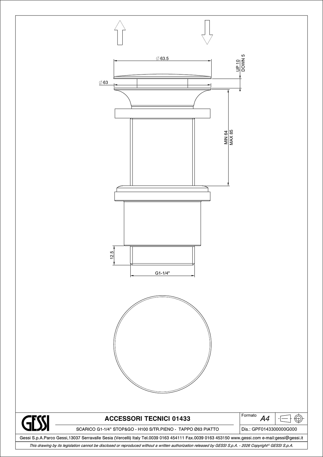 Gessi Донный клапан без перелива “Stop&Go”, цвет: chrome 01433#031