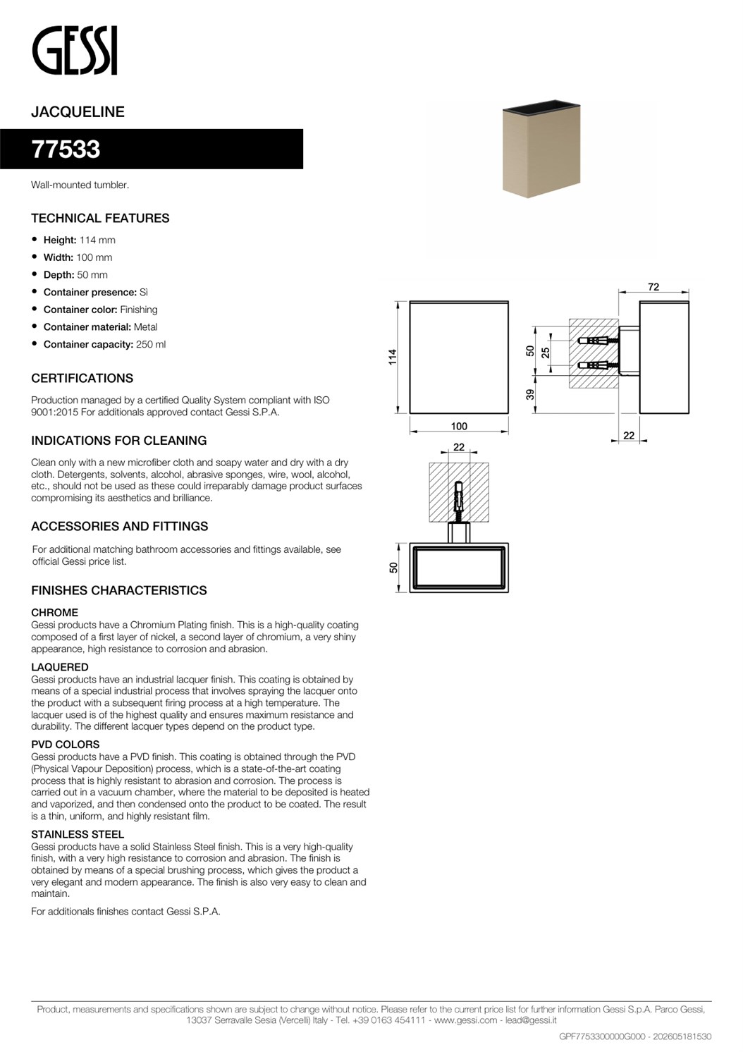 Gessi Jacqueline Стакан подвесной, латунный, цвет: dark bronze 77533#845
