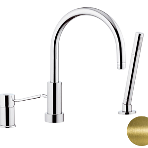 Remer Minimal Смеситель на борт ванны, излив 21,5 см, лейка 1 режим, шланг, цвет: vecchio ottone N072VO